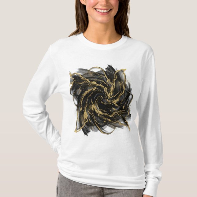 Luxury Gold and Black Abstract Marble Ink Flow T-Shirt (Front)