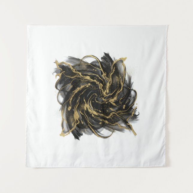 Luxury Gold and Black Abstract Marble Ink Flow Tapestry (Front)