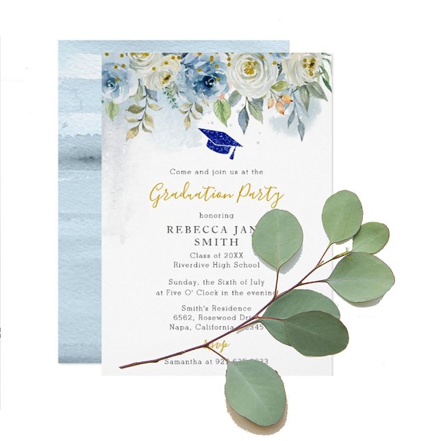 Luxury Gold and Blue Glitter Hat Graduation Party Invitation (Creator Uploaded)