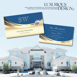 Luxury Gold and Blue with Monogram Sparkle Diamond Business Card