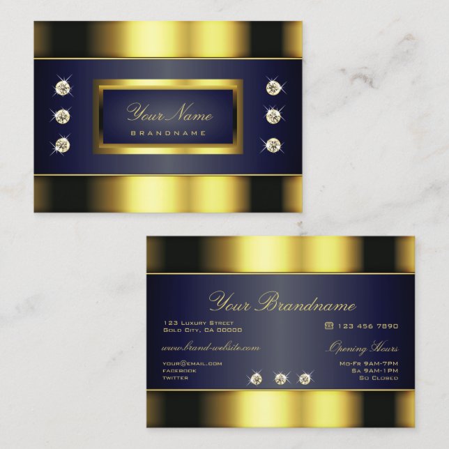 Luxury Gold and Dark Blue Gradient with Diamonds Business Card (Front/Back)