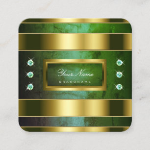 Luxury Gold and Green Marble with Faux Diamonds Square Business Card