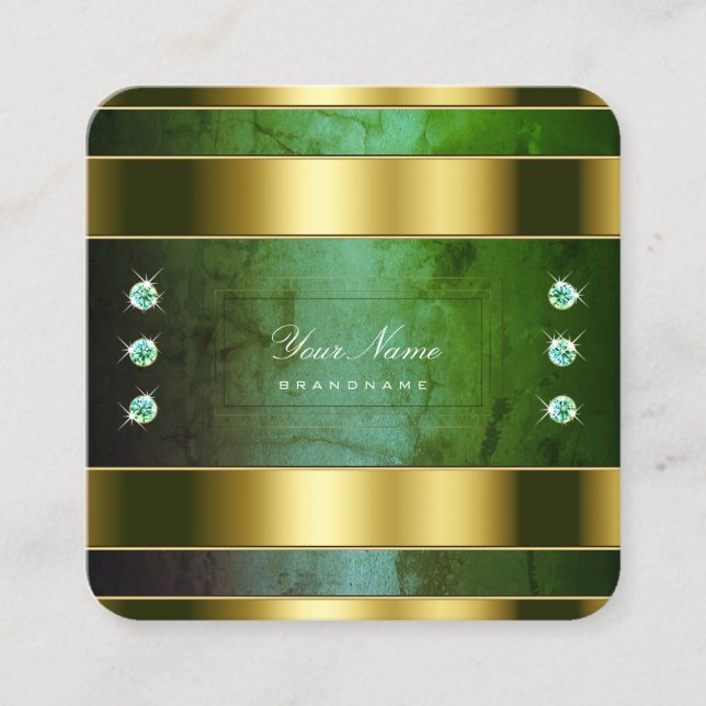 Luxury Gold and Green Marble with Faux Diamonds Square Business Card (Front)