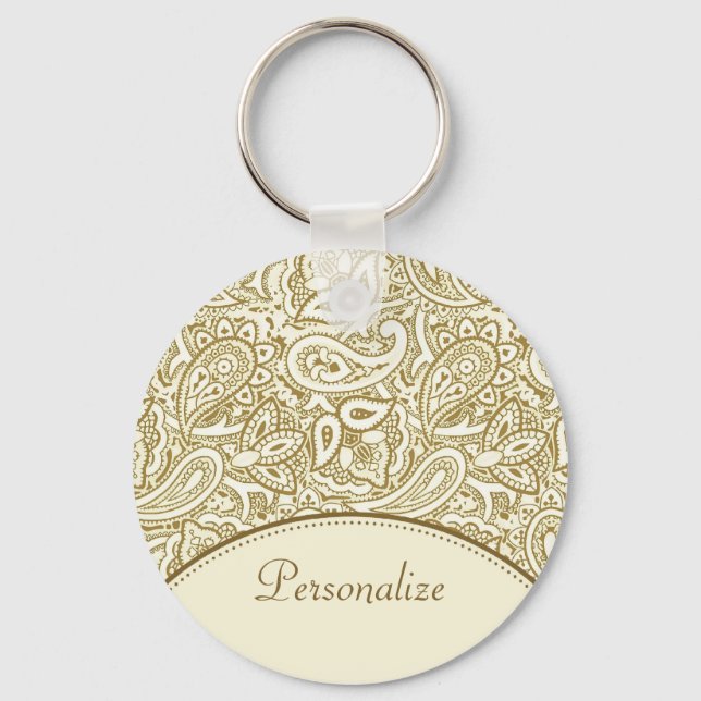 Luxury Gold and Ivory Paisley Damask With Name Key Ring (Front)