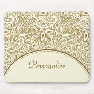 Luxury Gold and Ivory Paisley Damask With Name Mouse Pad