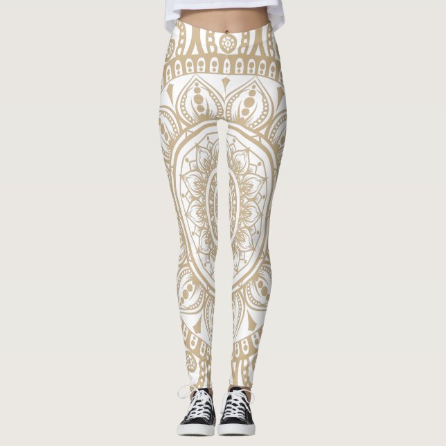 Luxury gold and white design Mandala floral Yoga Leggings (Front)