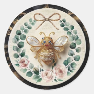 Luxury Gold Bee Floral Wreath Round Sticker