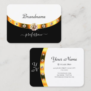 Luxury Gold Black and White Initials Rhinestones Business Card