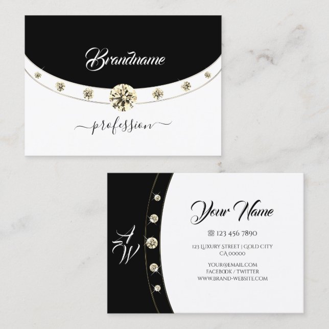 Luxury Gold Black and White Monogram Faux Diamonds Business Card (Front/Back)