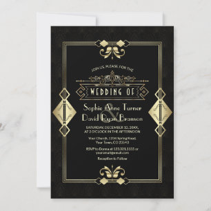 Luxury Gold Black Art Deco Fleur-de-Lis Wedding Invitation