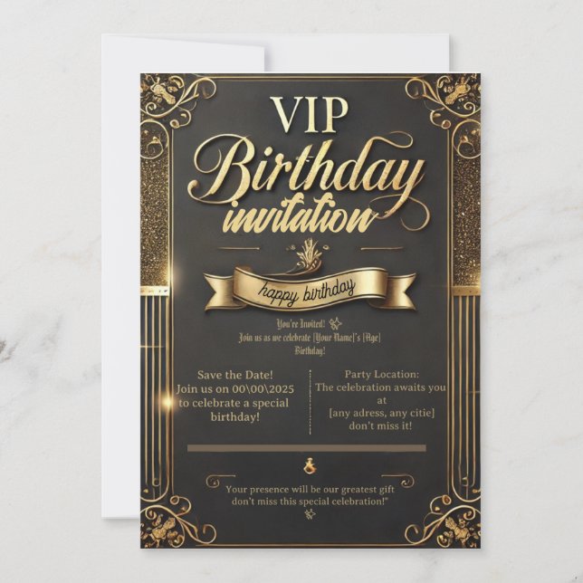 Luxury Gold & Black Birthday Party Invitation (Front)