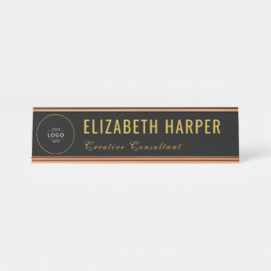 Luxury Gold & Black Business Logo Custom Desk Name Plate