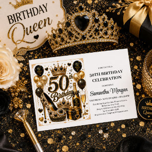 Luxury Gold Black Confetti 50th Birthday Party Inv Invitation