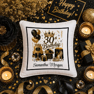 Luxury Gold Black Glitter 30th Birthday Pillow