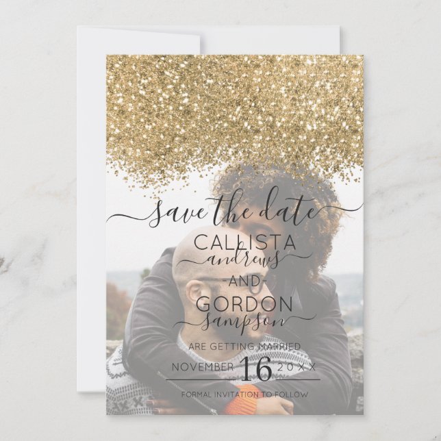 Luxury Gold Black Glitter Confetti Photo Wedding Save The Date (Front)
