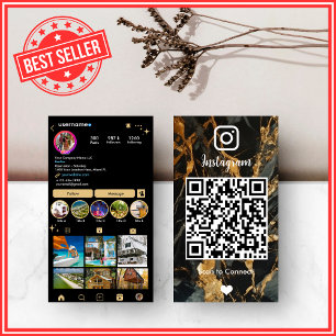 LUXURY Gold & Black Instagram Marble Agate QR  Business Card