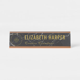 Luxury Gold & Black Marble Business Logo Desk Name Plate