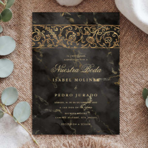 Luxury Gold Black Marble Nuestra Boda Wedding Invitation