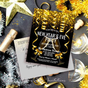Luxury Gold Black New Year`s Eve Party Invitation Postcard