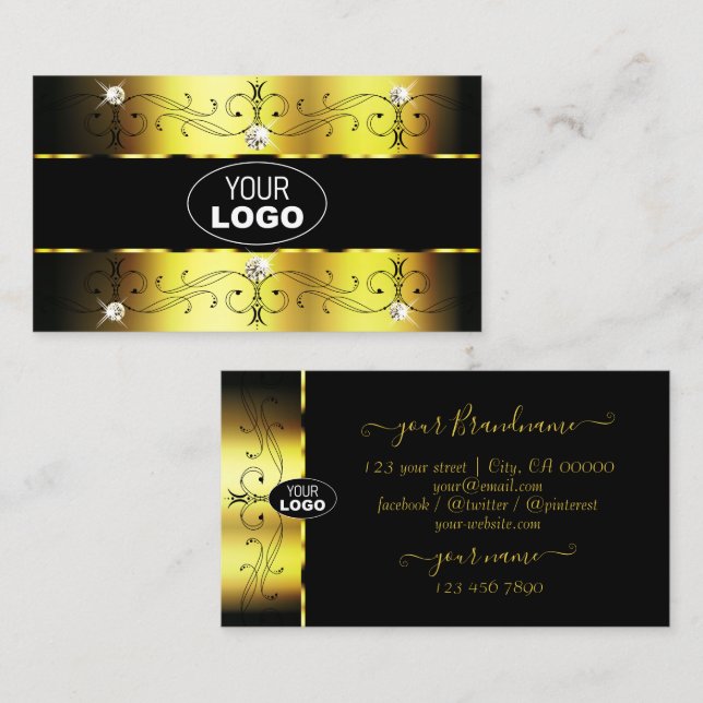 Luxury Gold Black Ornate Borders Jewels with Logo Business Card (Front/Back)