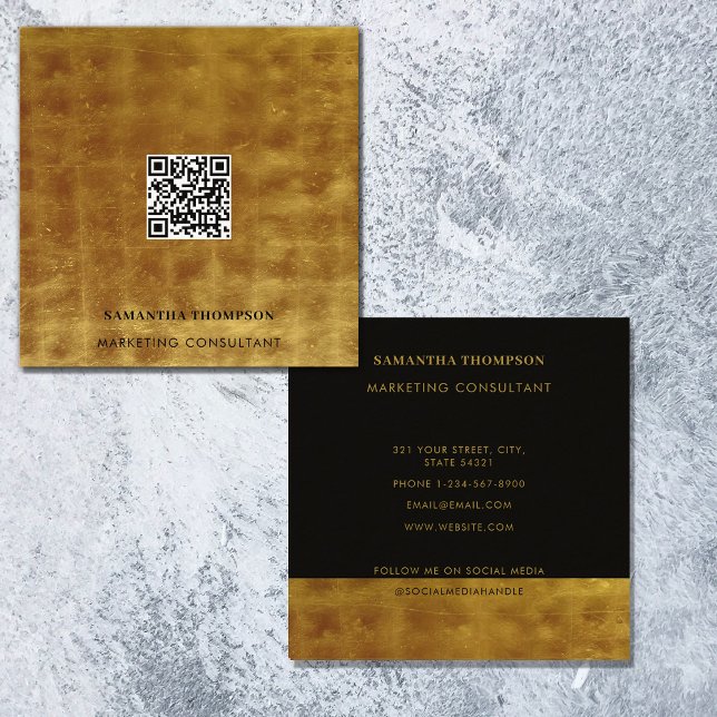 Luxury Gold & Black QR Code Social Media  Square Business Card (Creator Uploaded)