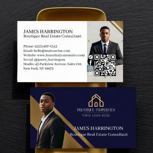 Luxury Gold & Black Real Estate Agent Photo Logo Business Card