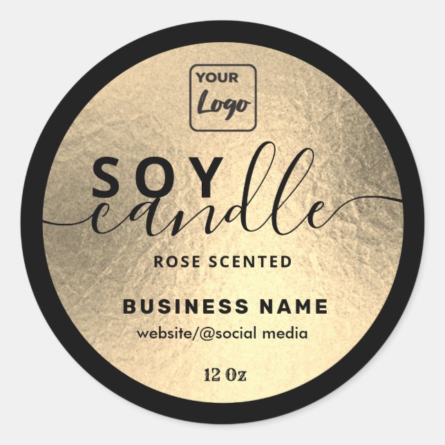 Luxury gold black script soy candle logo classic round sticker (Front)