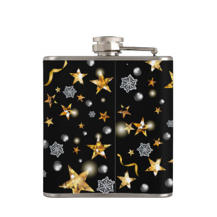 Luxury Gold & Black Star Metallic Fashion Xmas Hip Flask