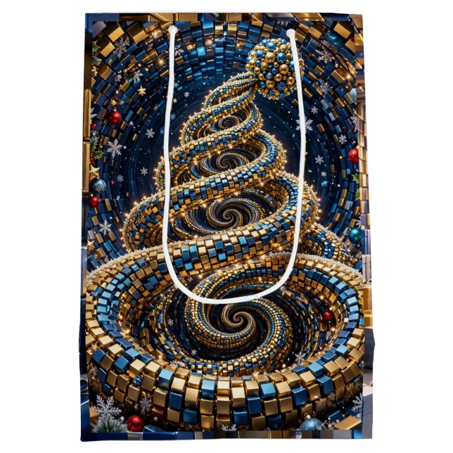 Luxury Gold Blue 3D Cube Tunnel Christmas Tree Medium Gift Bag (Back)