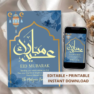 Luxury Gold & Blue Floral Arch Eid Mubarak Card