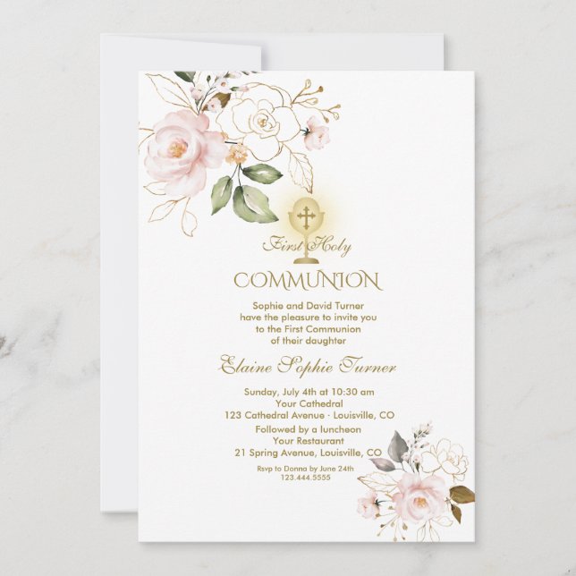 Luxury Gold Blush Flowers First Holy Communion Invitation (Front)