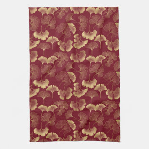 Luxury Gold Botanical in Red for Chic Style Tea Towel