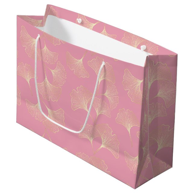 Luxury Gold Botanical Leaves Blush Pink Pattern Large Gift Bag (Front Angled)
