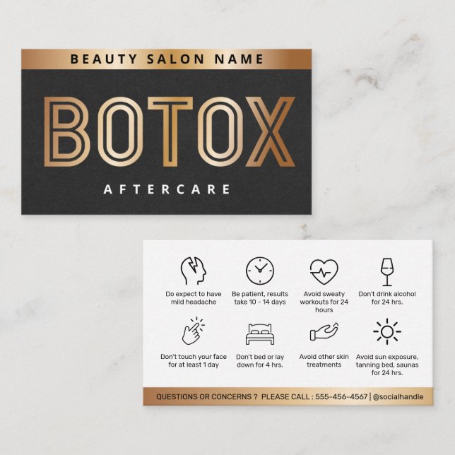 Luxury Gold Botox Filler Instruction Aftercare  Business Card (Front/Back)