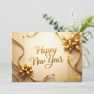 Luxury Gold Bow & Confetti New Year's Holiday Card