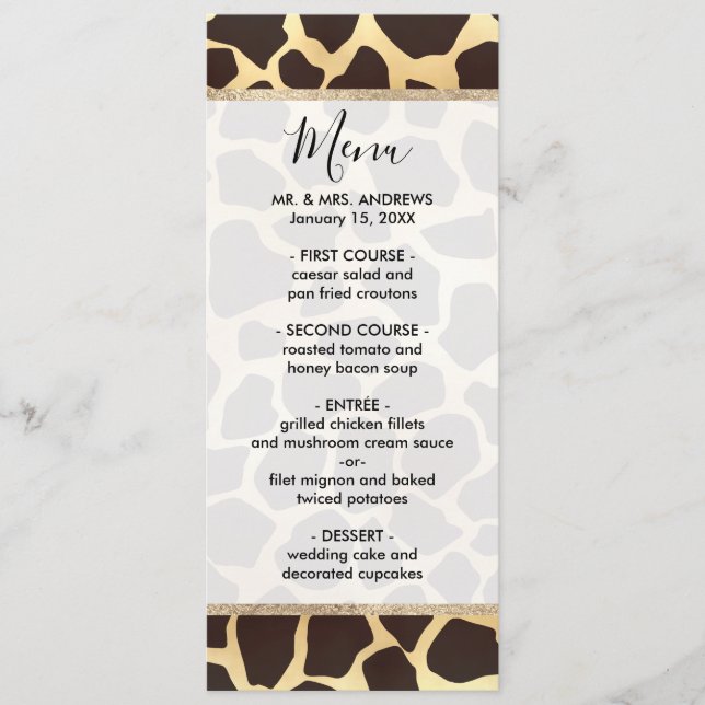 Luxury Gold Brown Giraffe Animal Print Pattern Menu (Front)