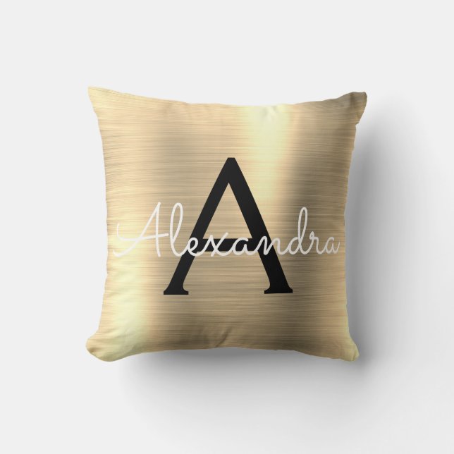 Luxury Gold Brushed Metal Monogram Name Initial Cushion (Front)