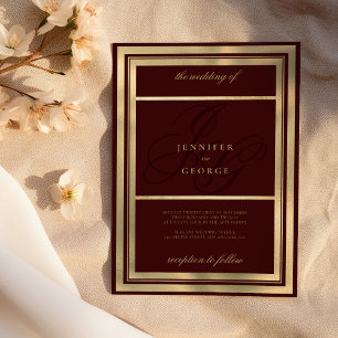 Luxury gold burgundy monogram initials wedding invitation