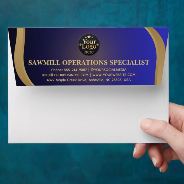 Luxury Gold Business Logo Return Address Navy Blue Envelope (Hand)