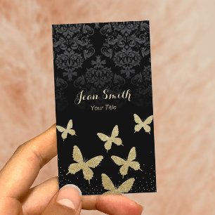 Luxury Gold Butterflies Dark Damask Business Cards