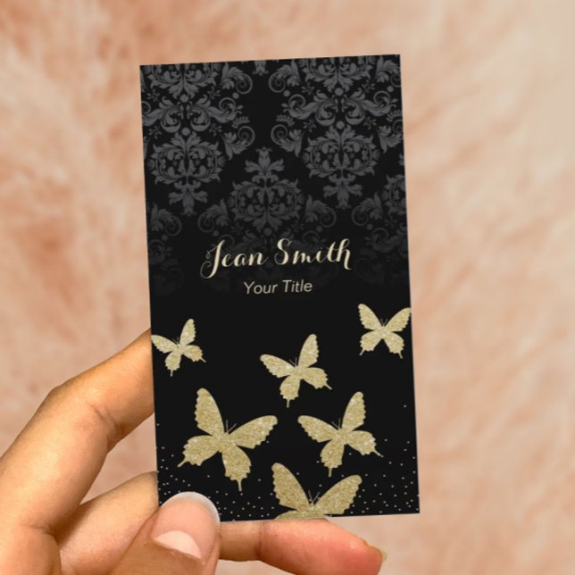 Luxury Gold Butterflies Dark Damask Business Cards (Creator Uploaded)