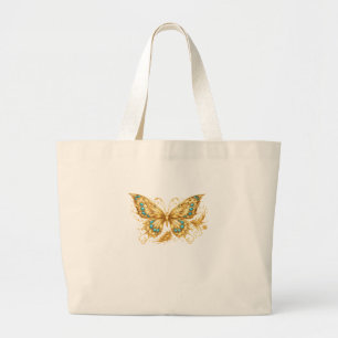 Luxury Gold Butterfly – Elegant Turquoise Accent  Large Tote Bag