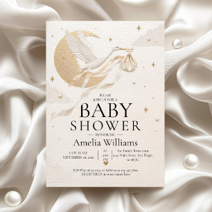 Luxury Gold Celestial Stork Moon Baby Shower Invitation