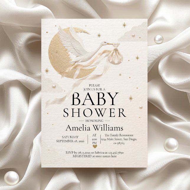 Luxury Gold Celestial Stork Moon Baby Shower Invitation (Creator Uploaded)