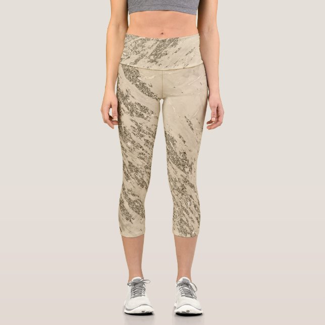 Luxury Gold Champagne Glitter Marble Capri Leggings (Front)