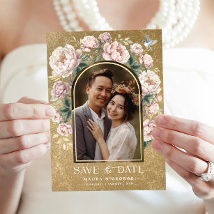 Luxury Gold Chinoiserie Floral Photo Save the Date Invitation