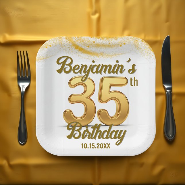 Luxury Gold Confetti 35th Birthday Celebration Paper Plate (Creator Uploaded)
