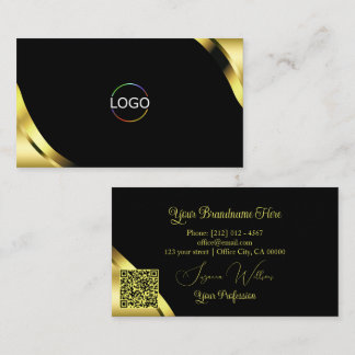 Luxury Gold Corners on Black with Logo and QR Code Business Card