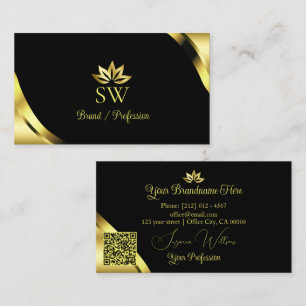 Luxury Gold Corners on Black with Monogram QR Code Business Card