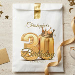 Luxury Gold Crown Royal 30th Birthday Party Favour Bags<br><div class="desc">Celebrate a major milestone in regal style with this elegant 30th birthday party favor bag. Featuring a striking 3D gold number thirty topped with a royal crown and sophisticated gold script typography, these paper treat bags are the perfect finishing touch for a milestone celebration or prince-themed event. Easily modify the...</div>
